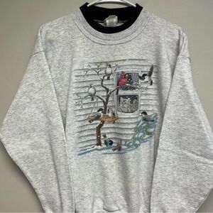 Womens Gray Winter Snow & Birds Graphic Print Crewneck Sweatshirt Petite Medium